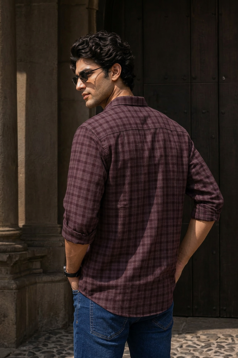 Men Wine Plaid Full Sleeve Shirt – Casual Checkered Shirt