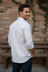 Men Slim Fit Light Grey & White Vertical Striped Long Sleeve Shirt 251167780