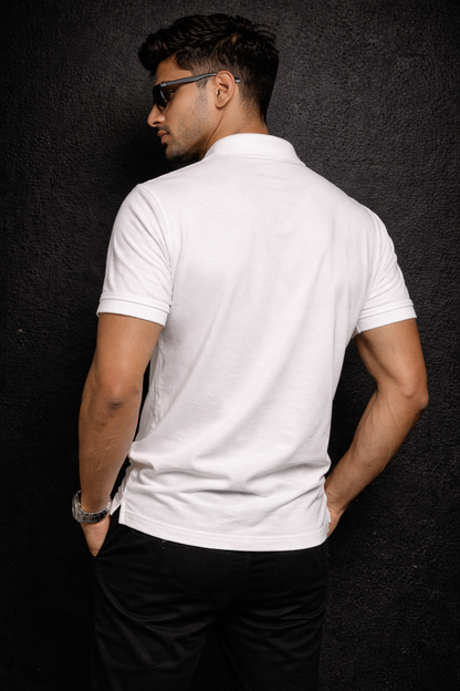 Men White Cotton Polo T-Shirt with Pocket - Casual Short Sleeve Slim Fit 8622