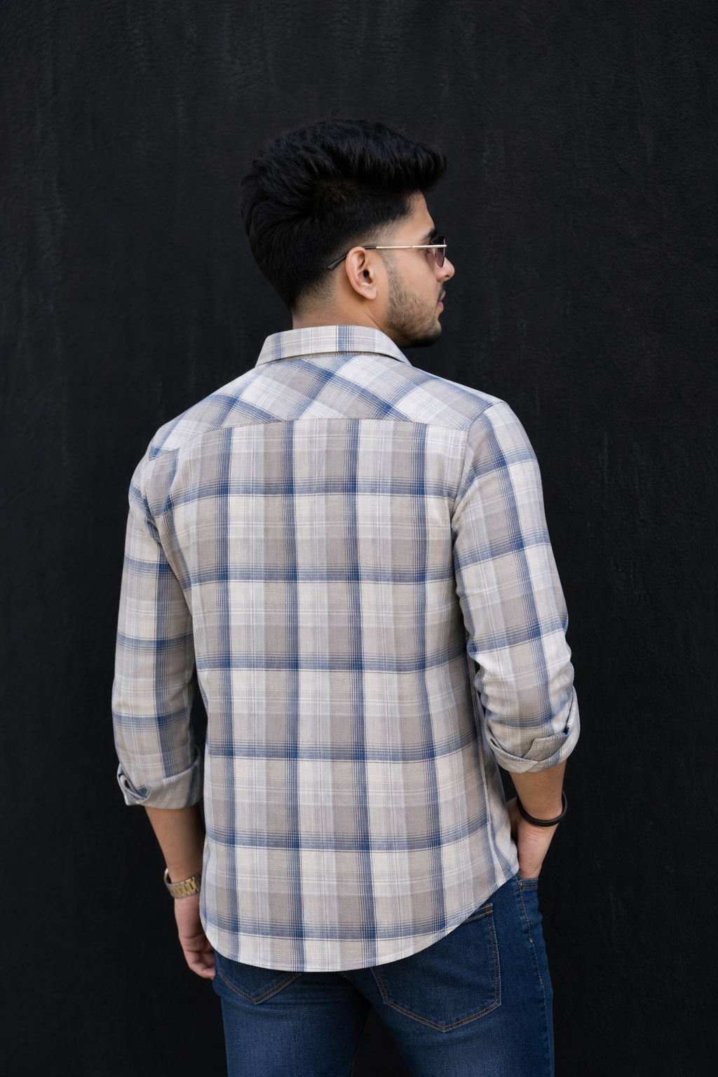 Grey & Blue Plaid Shirt for Men – Casual Long Sleeve Shirt