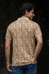 Men Cream Leaf Print Polo T-Shirt