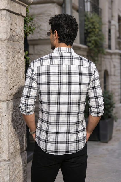 White Checkered Shirt for Men | Classic Plaid Long Sleeve Casual Shirt OXFCH