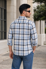 Men Blue Checkered Shirt - Long Sleeve Cotton