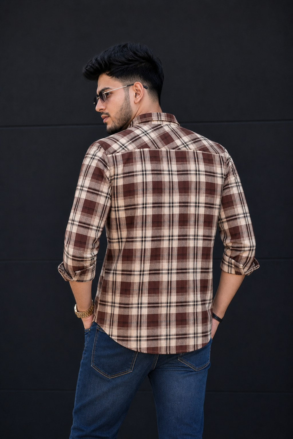 Men Casual Coffee Plaid Shirt – Classic Long Sleeve Check Shirt