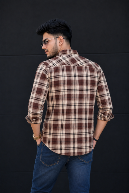 Men Casual Coffee Plaid Shirt – Classic Long Sleeve Check Shirt