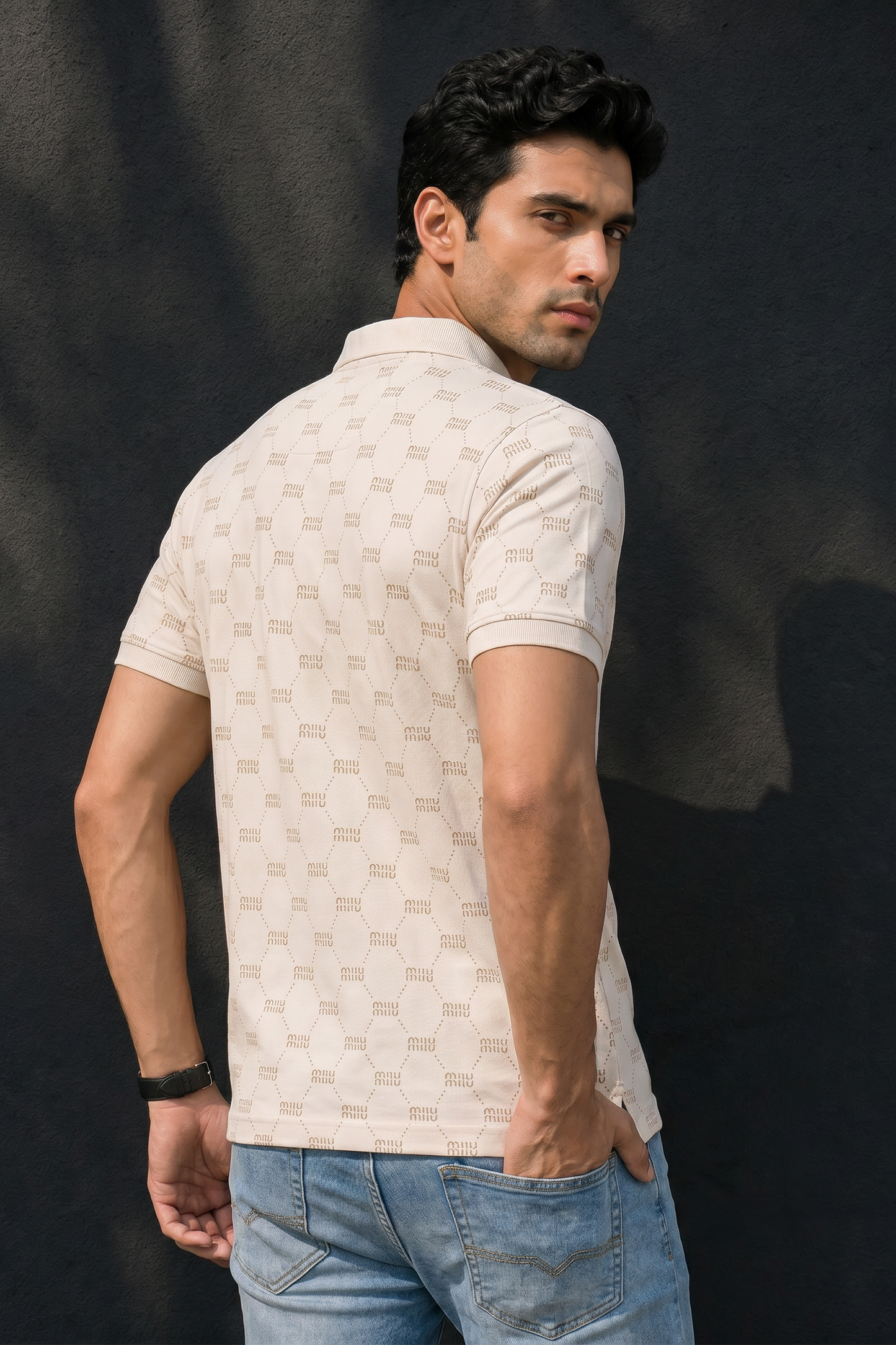 Men White Printed Polo T-Shirt – Half Sleeve Collar Neck