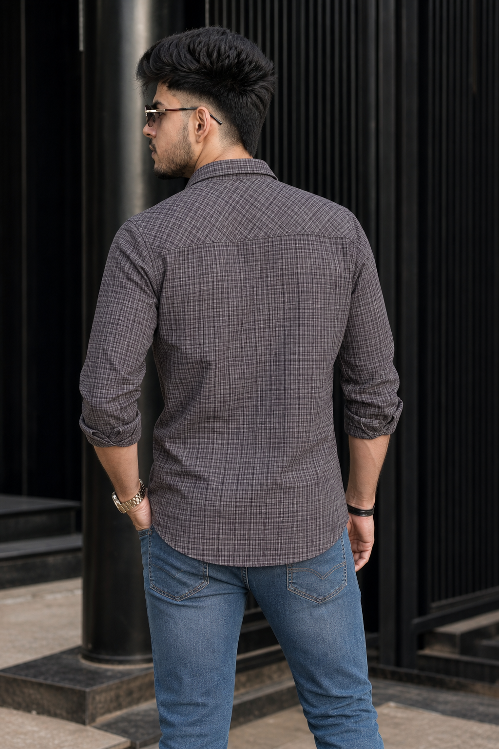 Men Small Check Pattern Shirt in Grey | Casual Full Sleeve Shirt