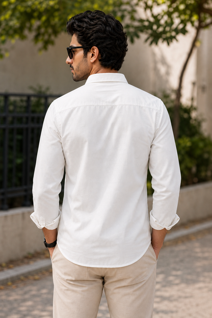 Men White Plain Cotton Shirt – Full Sleeve Single Pocket