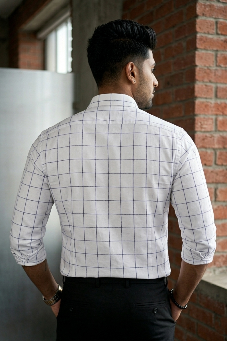White & Blue Pattern Men's Semi-Formal Shirt - Stylish Casual & Office Wear-FRMCHECKS