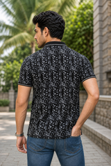 Men Black Leaf Print Polo T-Shirt