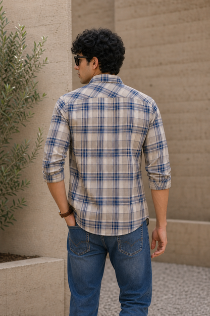 Men Beige and Blue Checkered Shirt Full Sleeve Slim Fit
