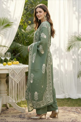 Women Floral Pure Cotton Kurta, Churidar & Dupatta Set-Pista-261014108