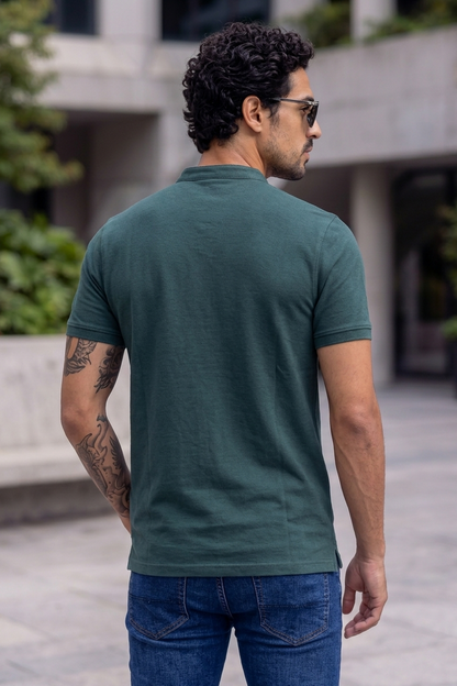 Men Solid Green Mandarin Collar Polo T-Shirt - Premium Sinker Slim Fit 13058