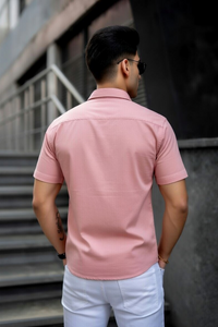 Men Casual Peach Short Sleeve Shirt - Cotton Comfort 261049774