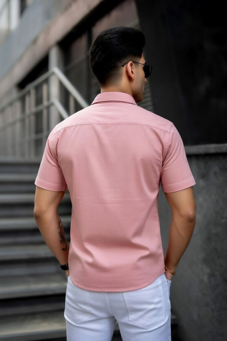Men Casual Peach Short Sleeve Shirt - Cotton Comfort 261049774