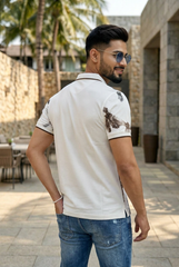 Men Designer White Polo T-Shirt with Abstract Print – Casual Style