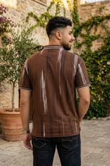 Men Printed Collared Polo T-Shirt in Earthy Coffee
