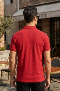 Men Red Cotton Polo T-Shirt with Pocket - Casual Short Sleeve Slim Fit 8622