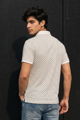 Men White Geometric Print Polo T-Shirt
