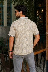 Men White Leaf Print Polo T-Shirt