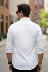 Classic White Striped Long-Sleeve Cotton Shirt for Men 251210002