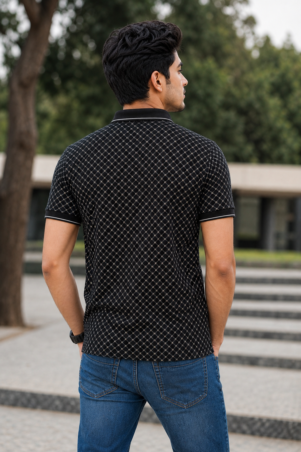 Men Black Geometric Print Polo T-Shirt | ATL6140