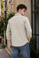 Men Cream Double Pocket Casual Shirt | Snap Button Denim Shirt