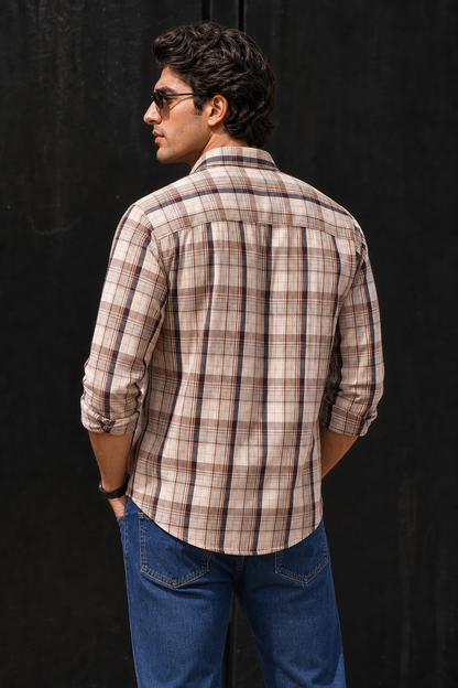 Men Brown & Cream Checked Full Sleeve Casual Shirt