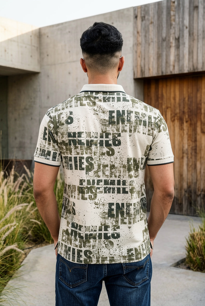 Men Typography Print Polo T-Shirt in Cream