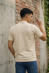 Men Solid Cream Mandarin Collar Polo T-Shirt - Premium Sinker Slim Fit 13058
