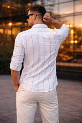 Men Blue Striped Shirt Outfit – Modern Street Style Look 261049715
