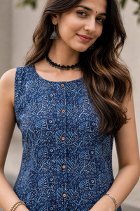 Women Blue Floral Printed Short Kurti - Sleeveless Top with Tassels ATL5252