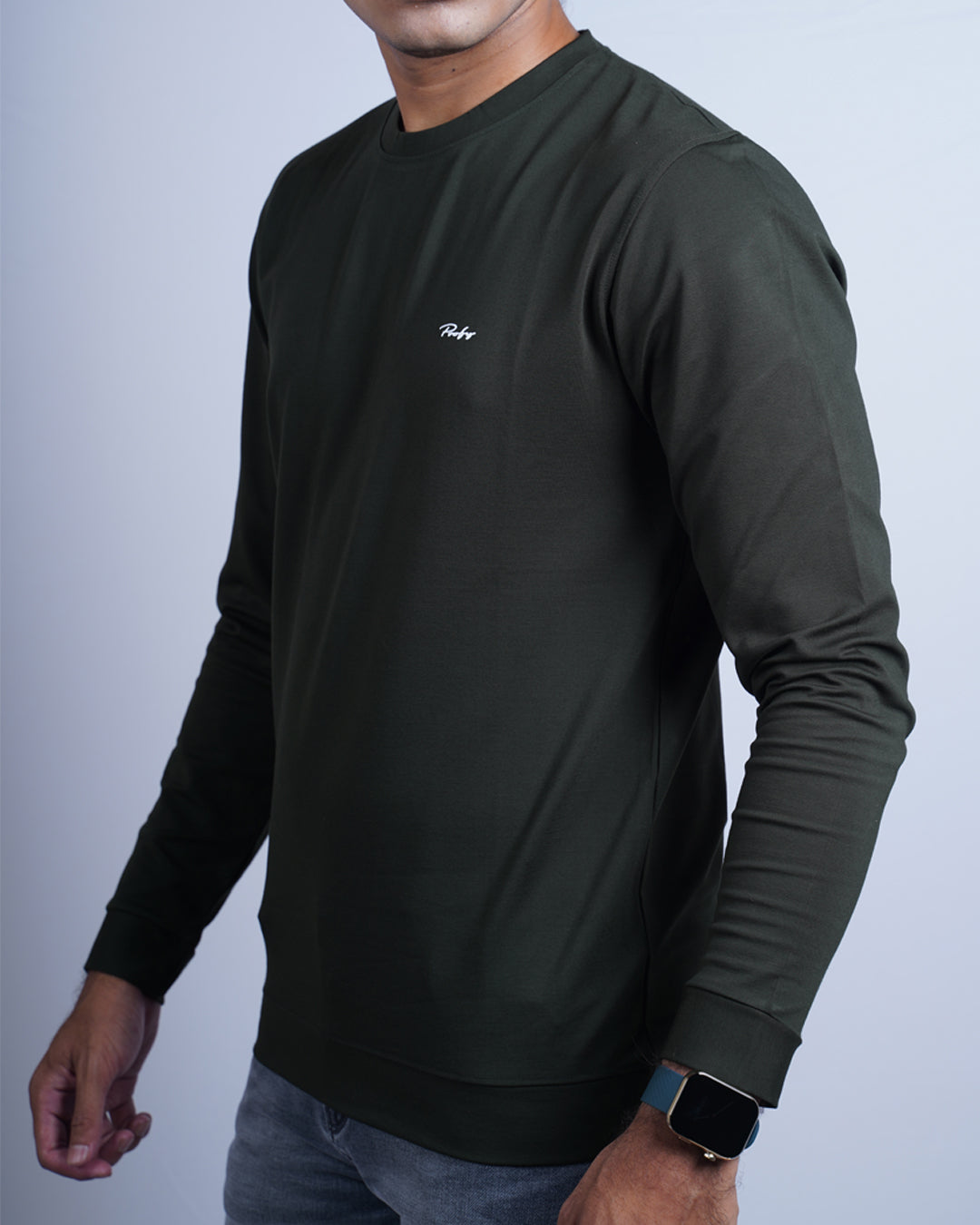 Bottle green color plain round neck full sleeve t-shirt for men