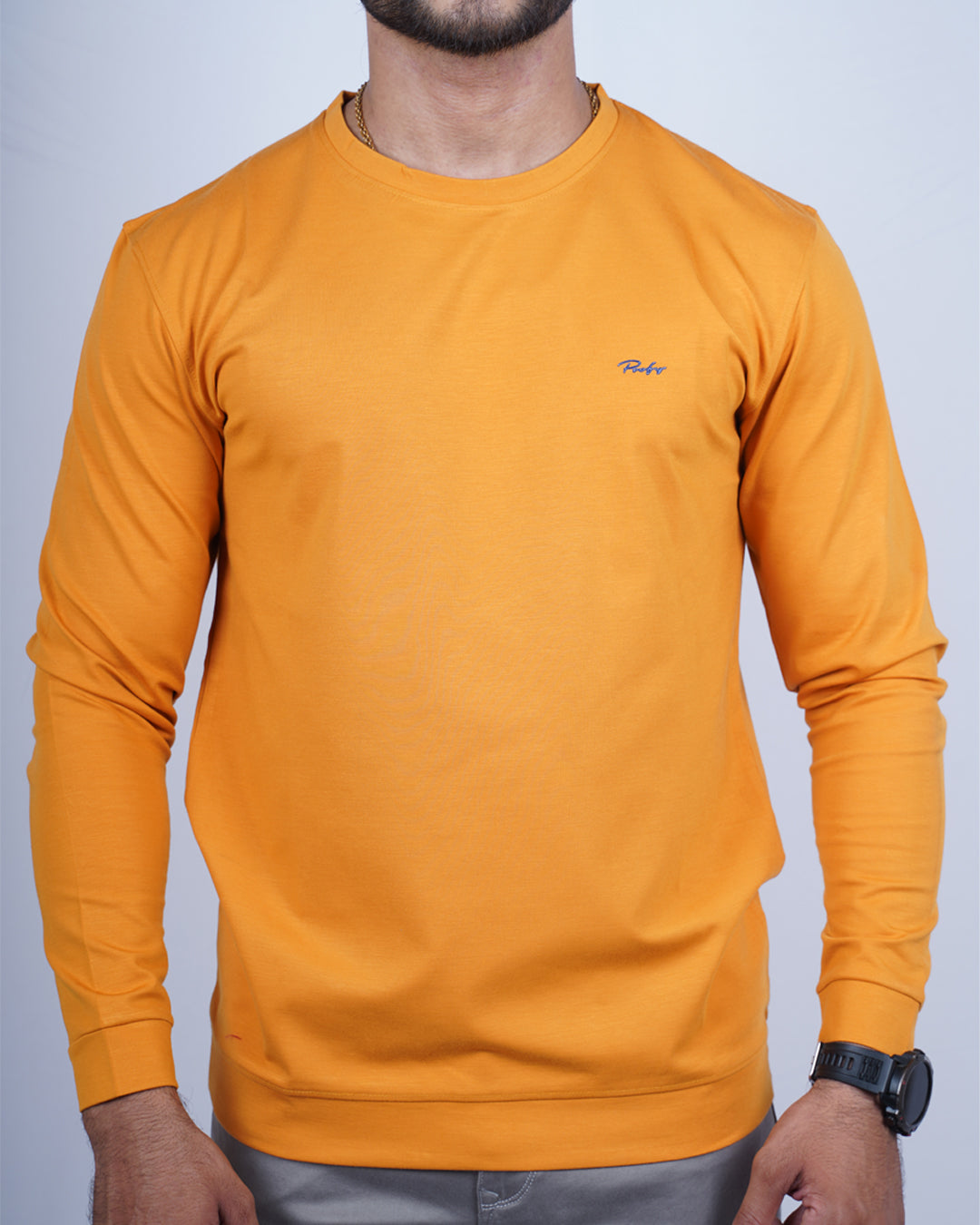 Mustard color full sleeve round neck plain t-shirt for men