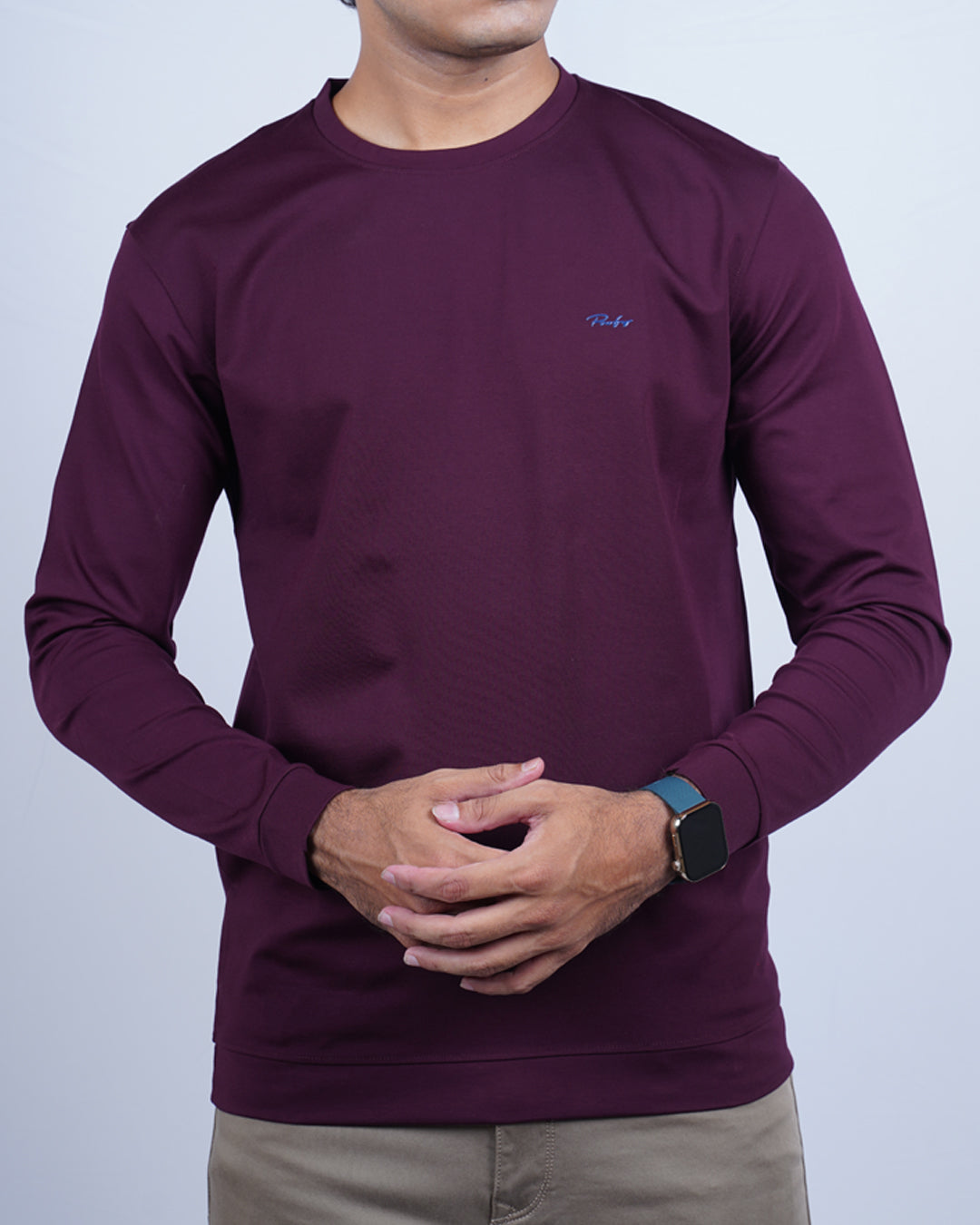 Wine color plain round neck full sleeve t-shirt for men