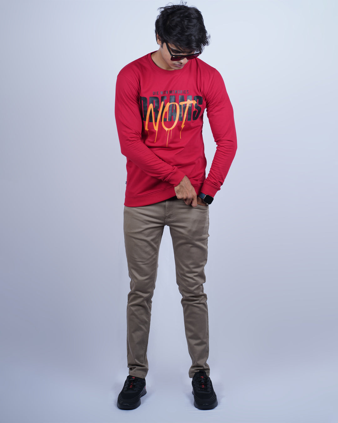 RED COLOR MATTER FULL SLEEVE ROUND NECK T-SHIRT