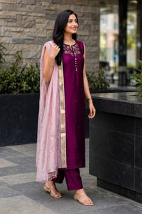 Women Wine Zari Embroidered Kurti Pant Set with Dupatta 151-314