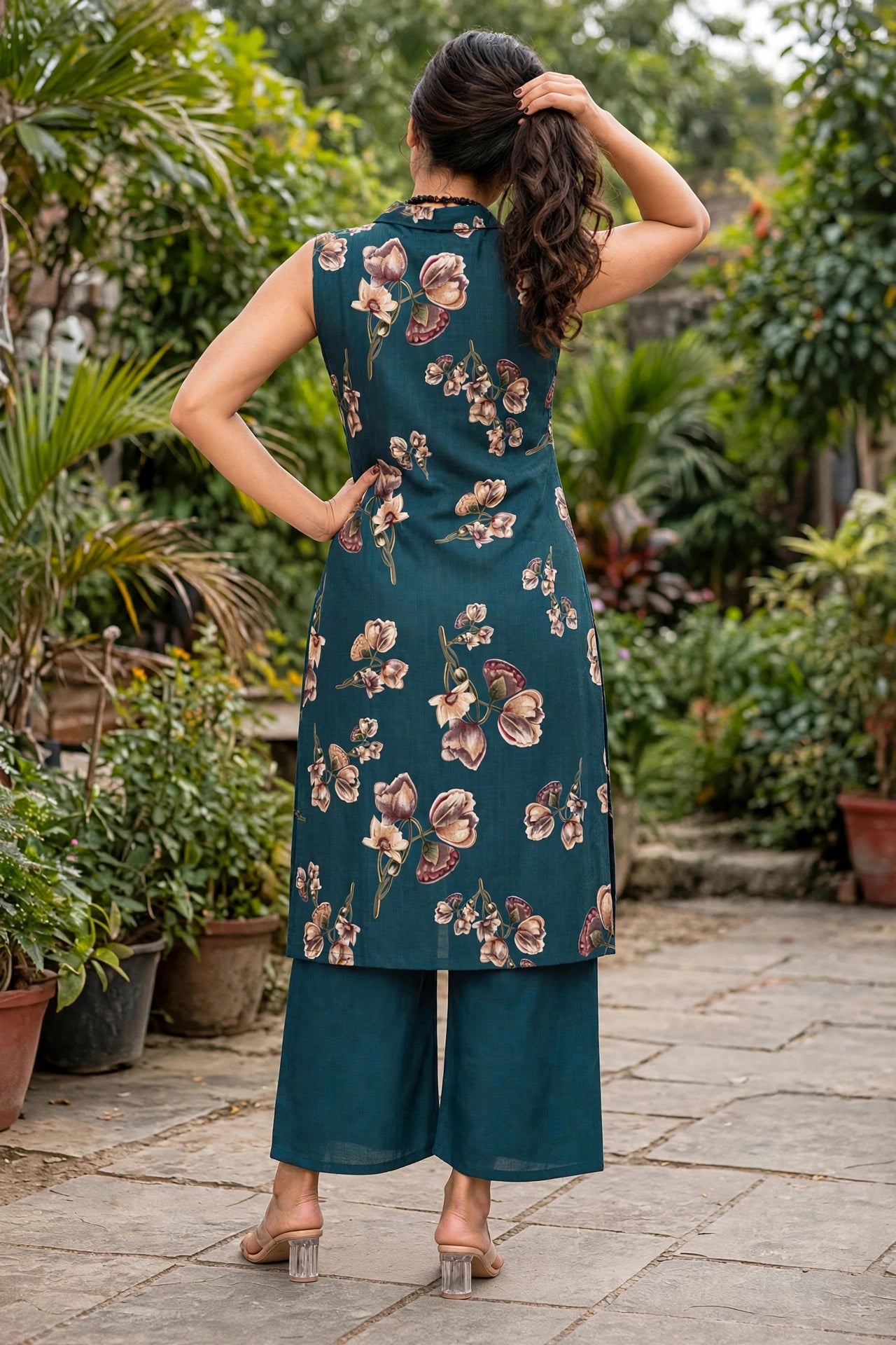 Women Teal Blue Floral Printed Co-ord Set | Sleeveless Kurta & Plazo SHALINI-268