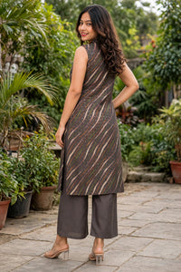 Women Grey Leheriya Printed Sleeveless Kurta & Plazo Coord Set SHALINI-278