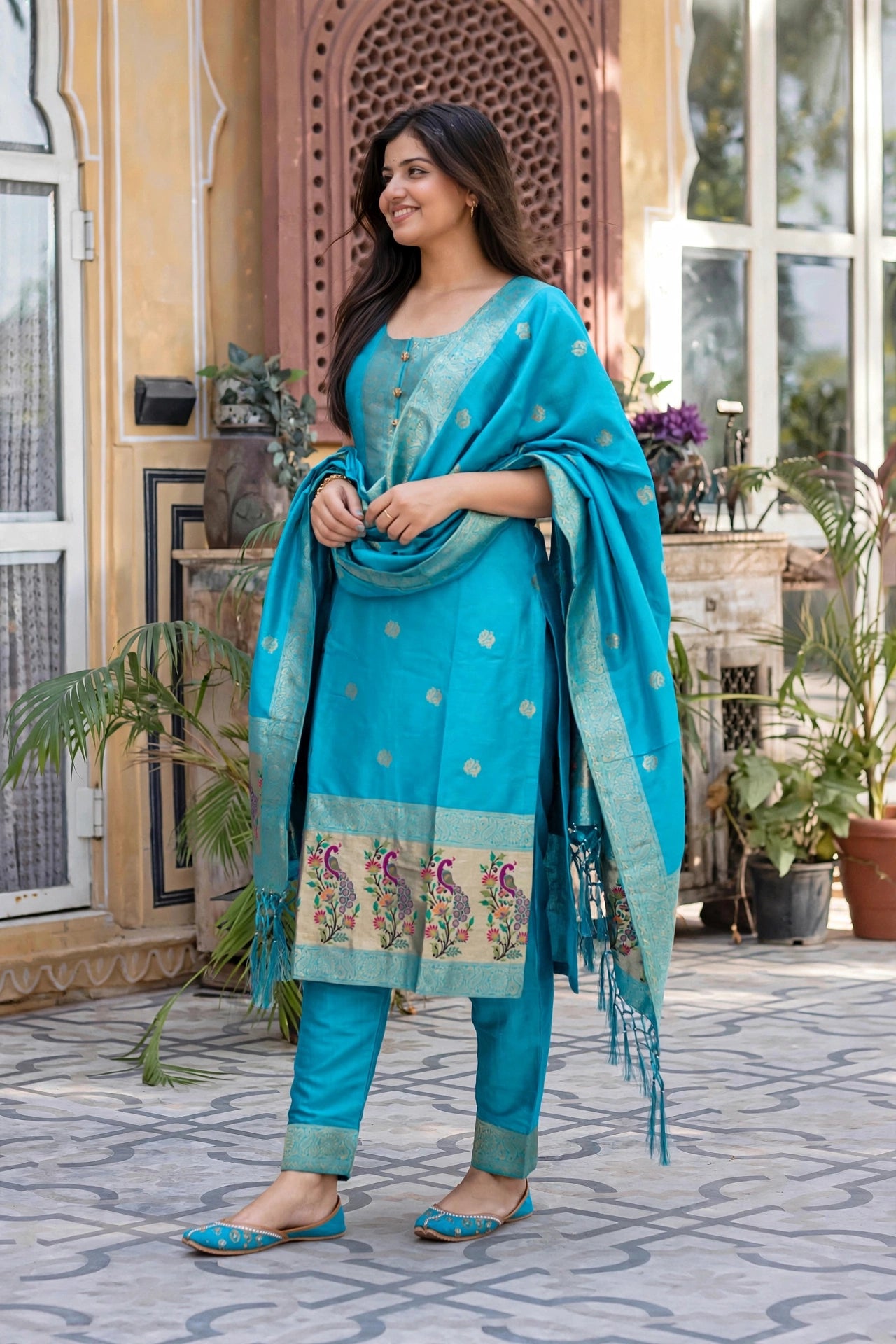 Women Mint Green Banarasi Silk Sleeveless Paithani Suit | Peacock Zari Work Straight Kurta Pant Dupatta Set ATL1001