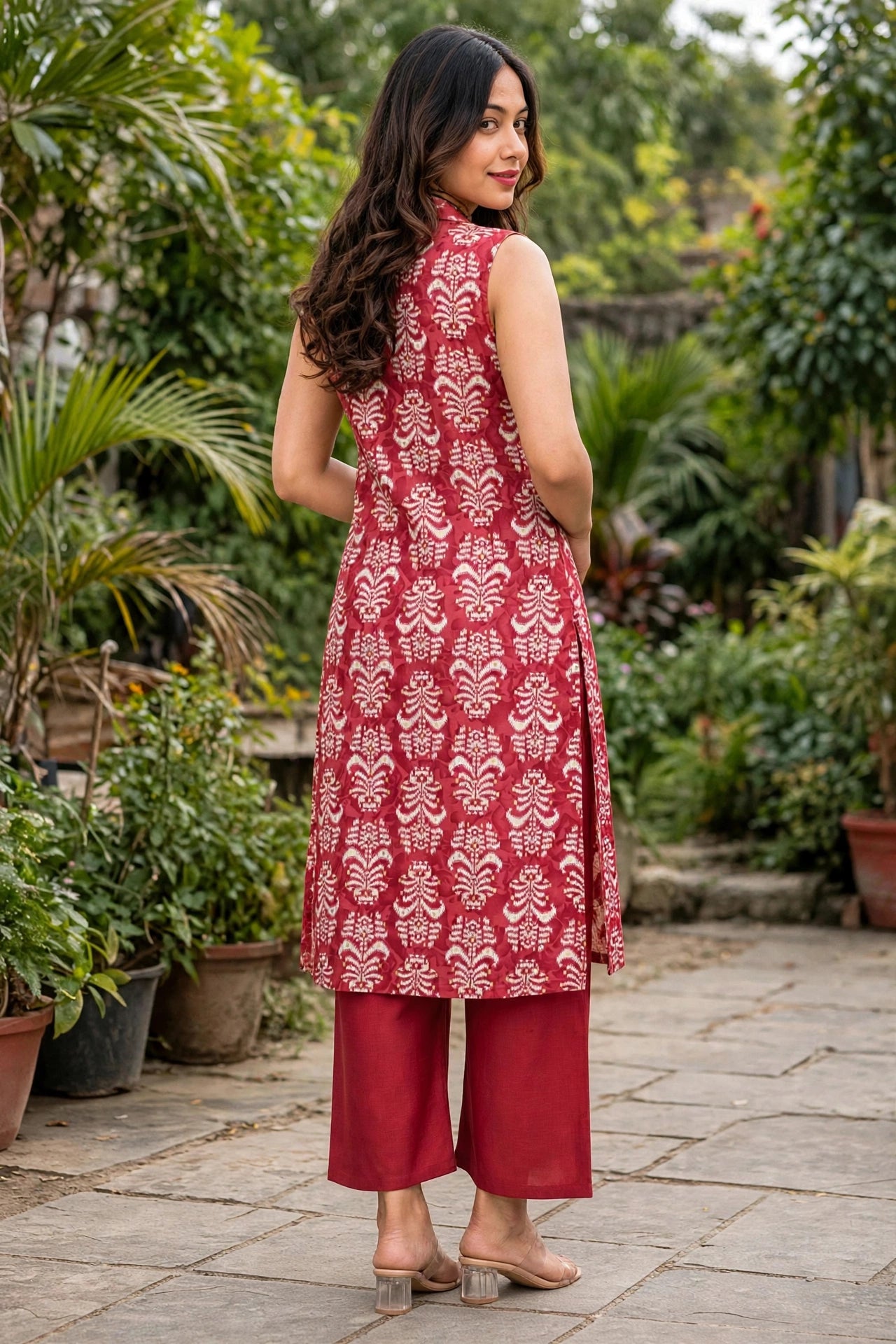 Women Onion & Maroon Ikat Printed Sleeveless Kurta & Plazo Coord Set SHALINI-285