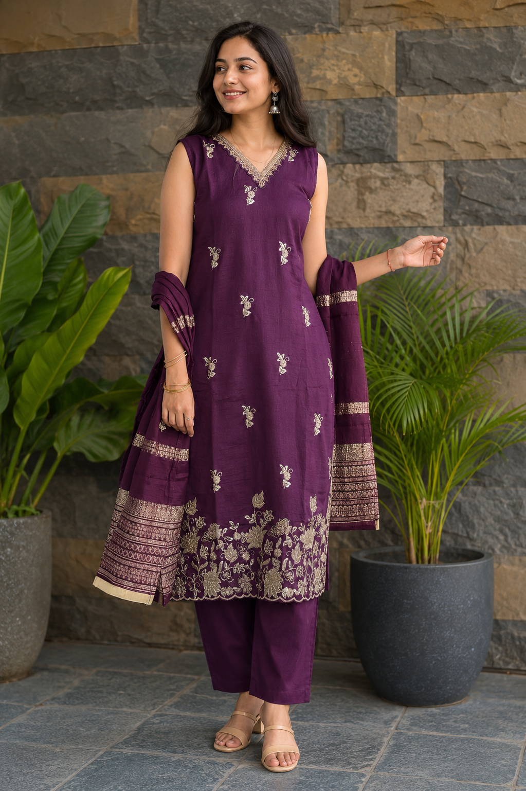 Women Wine Embroidered V-Neck Kurti & Pant Dupatta Set 151-314