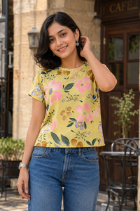 Women Yellow Floral Print Round Neck T-Shirt M-7236-13