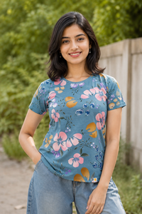 Women Blue Floral Print Round Neck T-Shirt M-7236-13