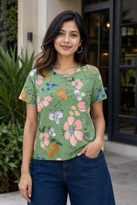 Women Green Floral Print Round Neck T-Shirt M-7236-13