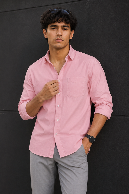 Men Solid Peach Premium Cotton Long Sleeve Shirt GIZA