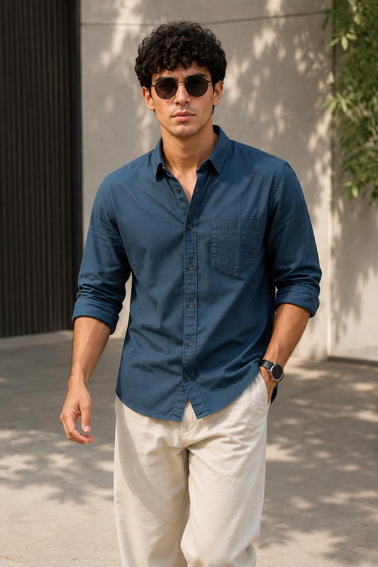 Men Solid Blue Premium Cotton Long Sleeve Shirt GIZA