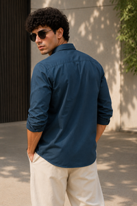 Men Solid Blue Premium Cotton Long Sleeve Shirt GIZA