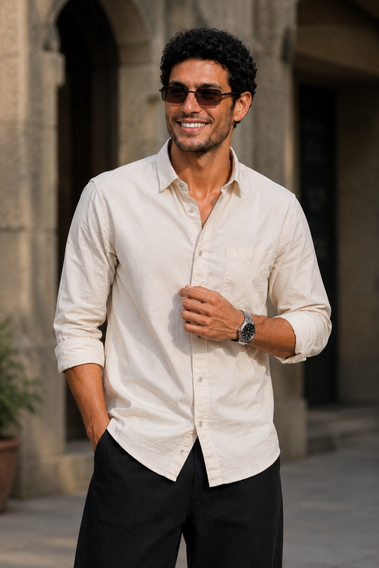 Men Solid Cream Premium Cotton Long Sleeve Shirt GIZA