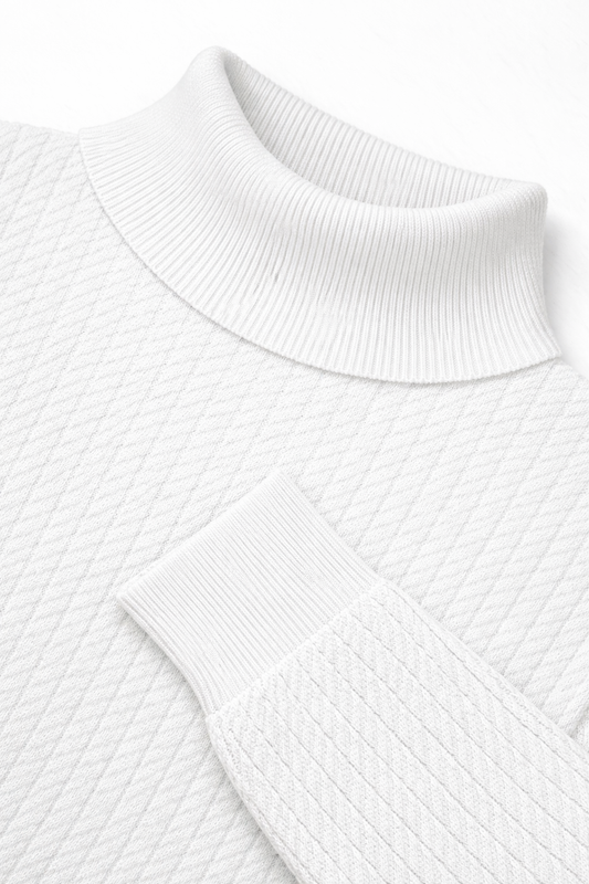 Premium Slim Fit White Ribbed High Neck Pullover 251205533